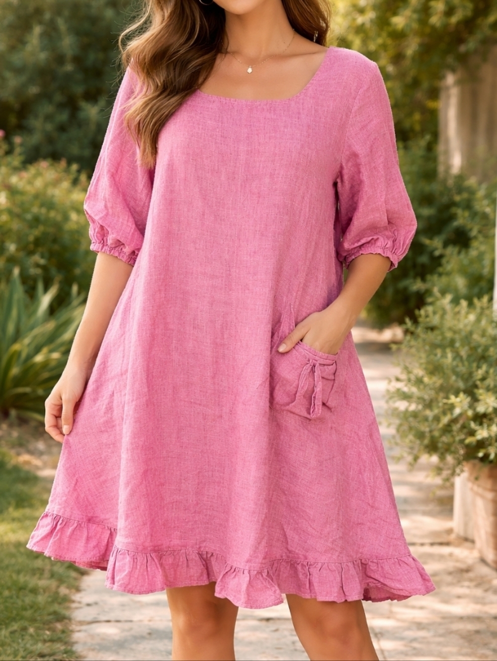 B. Hadikusumo 100% Linen Pink Lagenlook Ruffle Dress